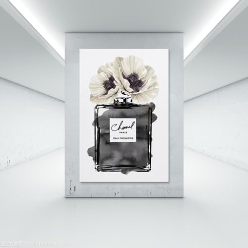 Image of BanLaArt Fashion Perfume Bottle Black With Grey & White Poppy Canvas Print Poster Decorative Painting Canvas Wall Art Picture Print Modern Family Bedroom Decor 12x18inch(30x45cm)