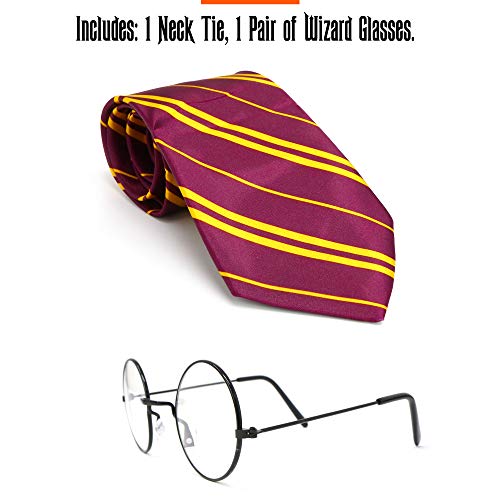 Skeleteen Wizard Glasses And Tie - Maroon And Gold Dress Up Tie And Black Round Glasses Set - 1 Pair #TOP2