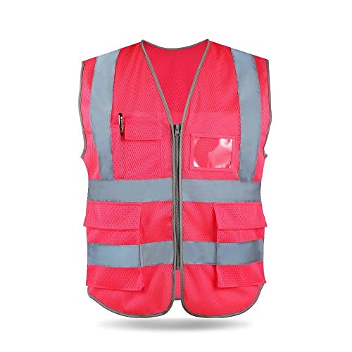 HYCOPROT Gilet De Sécurité Réfléchissant Haute Visibilité Vêtements Travail Directeur Exécutif Gilet Veste Zip Brace Sécurité Téléphone Mobile Titulaire D'identité De Poche 3D (Rose Maille, Small)