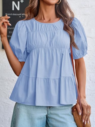 Image of Tankaneo Womens Puff Sleeve Peplum Babydoll Tops Summer Flowy Pleated Cotton T-Shirts Casual Loose Fit Cute Blouse