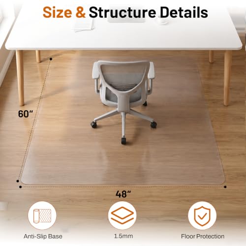 Image of Office Chair Mat for Hardwood Floors 48 inch x 60 inch, Clear Floor Protector for Rolling Desk Chairs, Heavy Duty Plastic Chair Mat for Home Office, Gaming Room, Tile, Laminate & Vinyl Flooring