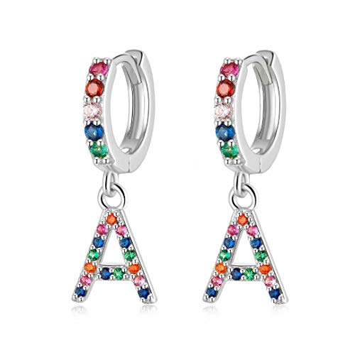 Qings Pendientes Iniciales A, Plata 925 Colgantes Letras Pendientes Circonitas Colores Aro Huggie Joyas Regalos para Niñas Mujeres