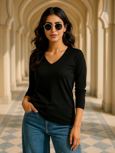 Image of JUNEBERRY Pure Cotton Regular Fit Solid Full Sleeve T-Shirt for Women & Girls (Sizes: S to 2XL)