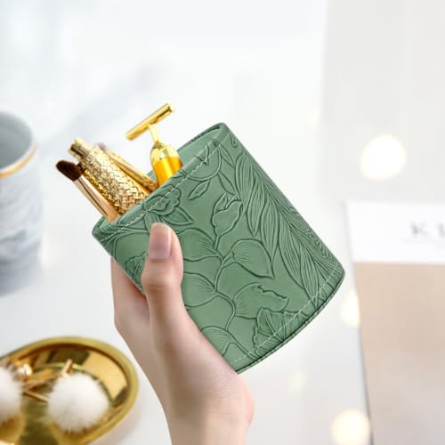 Image of Round Leather Pen Holder for Desk, Desktop Organizer, (Carved Green)