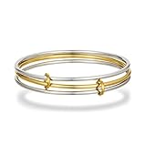 HANRESHE 7.5 Inch Mixed Metal Bracelet Stack Two Tone Bracelets for Women Silver and 14K Gold Plated Interlocked Stackable Bangle Set Stainless Steel Non Tarnish Bangle