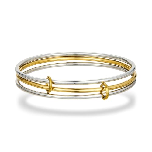 HANRESHE 8 Inch Mixed Metal Bracelet Stack Two Tone Bracelets for Women Silver and 14K Gold Plated Interlocked Stackable Bangle Set Stainless Steel Non Tarnish Bangle