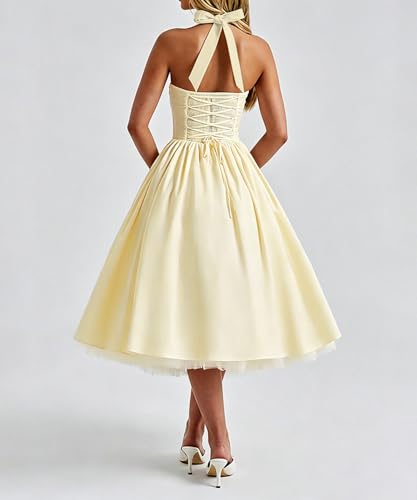 Image of Women Summer Halter Dress Low Cut Sleeveless A Line Tulle Swing Flowy Tea Length Dress Corset Prom Formal Ball Gowns