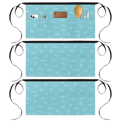 Lot de 3 tabliers courts bleu poisson 3 poches 60x30,5 cm pour cuisine et bistrot