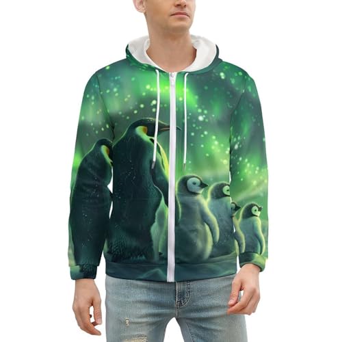 Green Aurora Borealis Penguin Men's Zip Up Hoodie Lightweight Soft Hooded Sweatshirts Casual Jacket Coat2