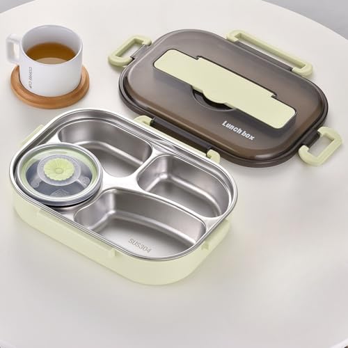 Qiawvio 保温 弁当箱 ステンレス鋼弁当箱 分離型弁当箱 保温 漏れ防止 大容量 軽量 便利 漏れ防止 お弁当箱 女性 男子 カトラリー付きコンパートメント付き 会社/学校/キャンプ/ハイキングに適用 (グリーン,1300ML 4コンパートメント+ス