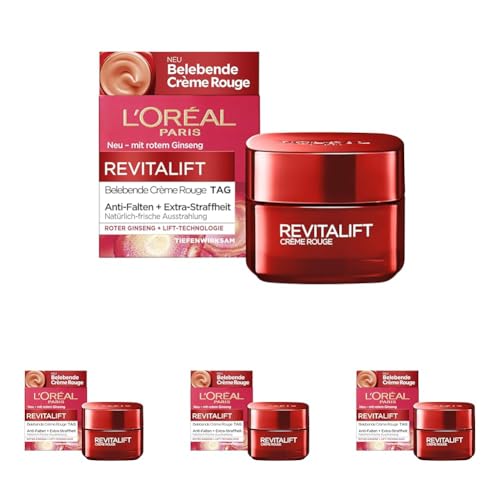 L'Oréal Paris Tagespflege, Revitalift Belebende Crème Rouge, Anti-Aging Gesichtspflege, Anti-Falten, Extra-Straffheit, Mit rotem Ginseng, 50 ml (Packung mit 4)