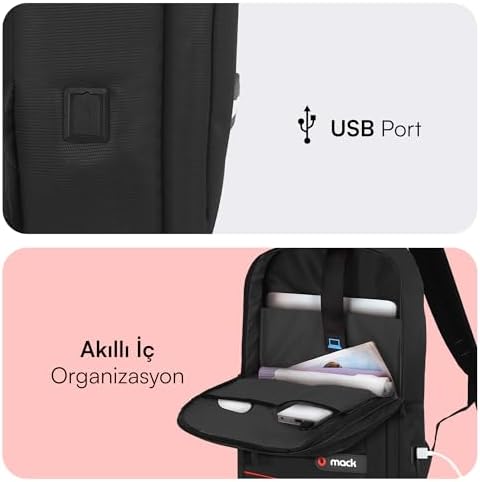 Mack Office MCC-006 Laptop Sırt Çantası, Profesyonel Sırt Çantası, Kadınlar ve Erkekler için Bilgisayar Çantası, 15.6 inç Notebook Çantası, USB şarj bağlantılı, Siyah - Görsel 5