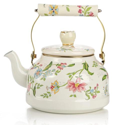 Théière en émail 2,5 L bouilloire à eau chaude florale pour une décoration de cuisine rétro