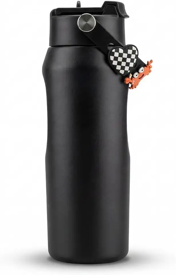 Garrafa Térmica de Água em Inox Infantil 2 em 1 – Tampa com Trava, Antivazamento, Alça Integrada e Pingente Decorativo Removível 500ml e 350ml (Preto, 500, Millilitros)