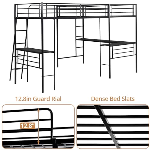 INCLAKE Twin Size L-Shaped Loft Bed with 2 Built-in Desks, Metal Loft Corner Bed with 2 Ladders and Safety Guard Rail, Heavy-Duty Bunk Bed for 2 Children Adults, Space Saving & No Noise, Black