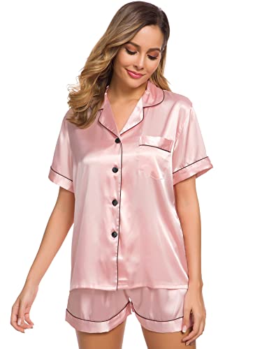 Image of SWOMOG Womens Silk Satin Pajamas Set Short Sleeve Sleepwear Button Down Top and Shorts Loungewear 2 Piece Pjs Set XS-3XL