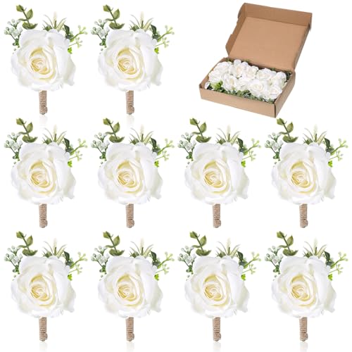 Oqqlin 10 Pcs White Boutonniere for Men, Artificial Flowers Groom Groomsmen Vintage Wedding Corsage Rose for Wedding, Party, Ceremony Anniversary, Prom