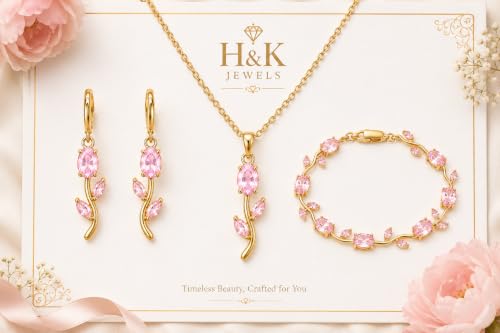 Image of H&K Jewels Elegant Pink Tulip Jewelry Set | 18k Gold Plated Necklace, Dangle Earrings & Bracelet | Gift for Wife, Girlfriend & Women|Anniversary, Party & Bridal Gift|Jewelry for Weddings & Special Occasions