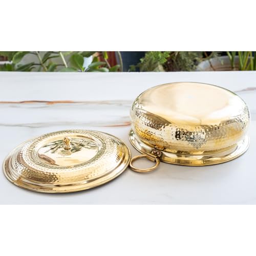 Image of INDIAN ART VILLA Brass Degchi with Hammered Design & Tin Lining, Traditional Cookware for Slow Cooking, Serving Curries, Biryanis, and Festive Meals, 4000 ML