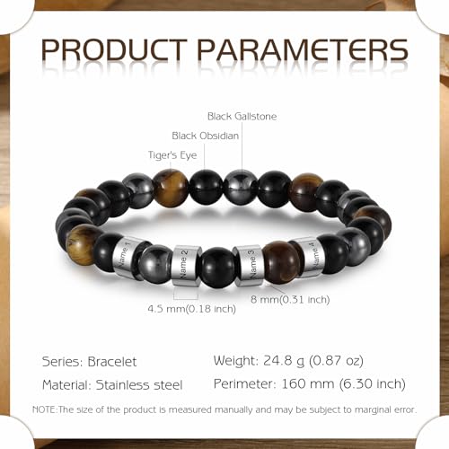 Personalized Tiger Eye Bead Bracelet Men: Custom 1-5 Name Beaded Bracelets for Men - Energy Stone Black Gallstone Obsidian Bracelet - Image 6
