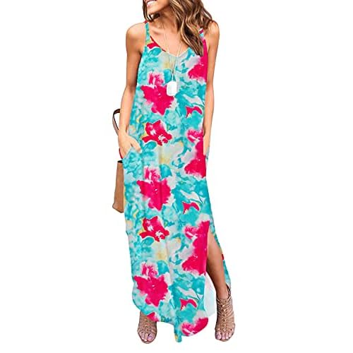 HUSKARY Women's Summer Casual Sleeveless V Neck Strappy Split Loose Dress Beach Cover Up Long Cami Maxi Dresses with Pocket X-Small Army Green