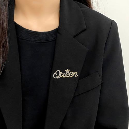 Image of Rhinestone Crown Queen Brooch Pin,Gold Silver Crystal Letters Queen Suit Lapel Pin Queen Badge Pin Jewelry for Women Girls Gifts