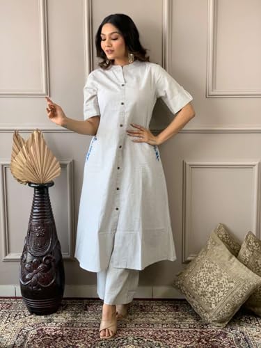 Image of Women's Cotton Embroiderd Long A-Line Kurti with Palazzo