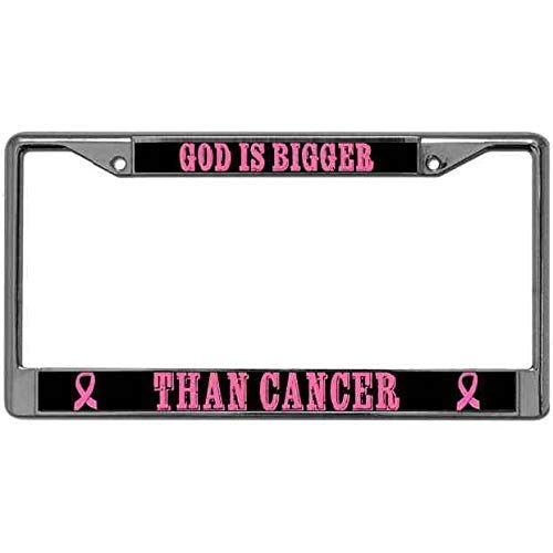 AdriK God is Bigger Than Cancer License Plate Metal Frame Breast Cancer Ribbon License Plate Frame Tag Anodized Aluminum License Plate Frame, Black, 6 X 12 inches