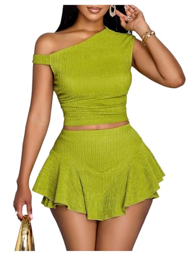 WDIRARA Women's One Shoulder Asymmetrical Tank Top and Layered Ruffle