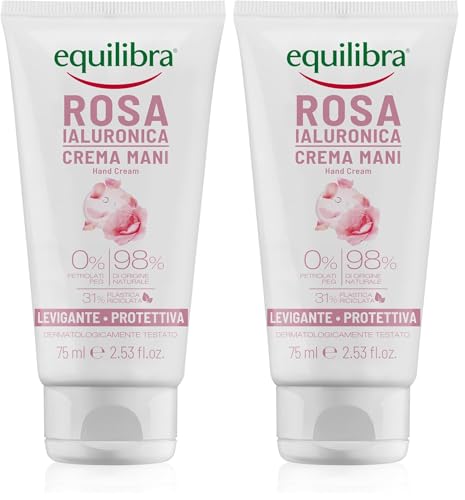 Equilibra, Crema Mani, Levigante e Protettiva, 75ml, con Estratto di Rosa Damascena, Acido Ialuronico e Glicerina Vegetale, 98% Origine Naturale, Assorbimento Rapido, Non Unge, Delicatamente Profumata