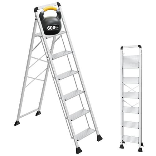 6 Step Aluminum Ladder with Wide Pedal and Handgrip 600 lbs Capacity Heavy Duty Step Stool Lightweight Aluminum Step Ladder Foldable Ladder with Large Non-Slip Feet for Home Kitchen & Garage