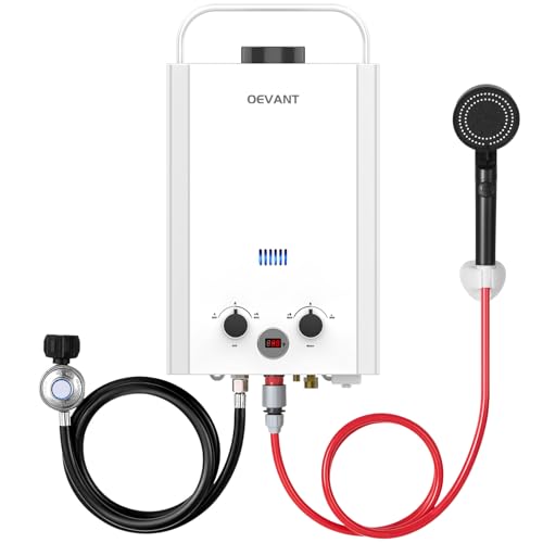 OEVANT Propane Water Heater, 1.58GPM 6L Portable Tankless Water Heater with Handle & Overheating Protection, Propane Gas, Instant Hot Water for RV Camping, Outdoor Shower (WHITE)