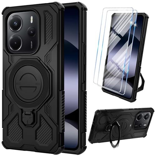 Vaki Panzerhülle für Xiaomi Redmi Note 14 5G Hülle mit Schutzfolie Schutzhülle 360 Drehbarer Magnetisch Metall Ring Ständer Handyhülle für Redmi Note 14 5G Militär Stoßfest Case Cover (Schwarz)