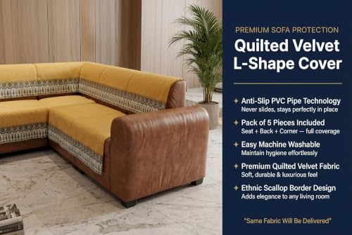 Image of KINGLY L-Shape Sofa Cover 5 Seater 3+2 Velvet Full Cover - Mustard Yellow | Fully covered quilted velvet slipcover, washable anti-slip furniture protector, L-type corner sofa cover for living room