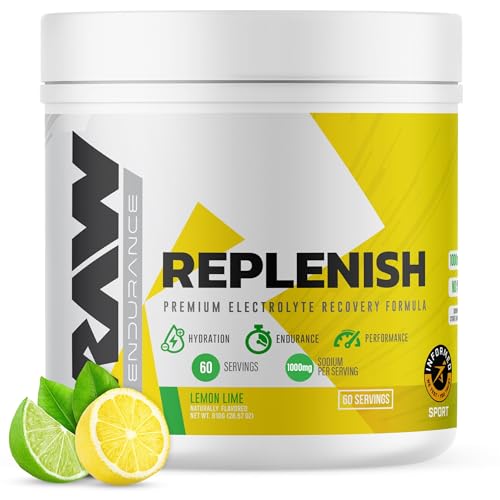RAW Replenish Premium Electrolytes Powder Recovery Formula Lemon Lime (60 Servings) - Flavored Electrolyte Drink Mix Supplement for Hydration Replenishment Endurance & Performance Workouts