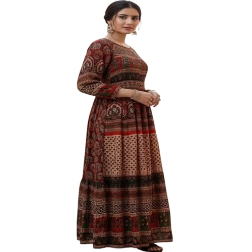 Image of Women's Cotton Dress Jaipuri Sanganeri Print Midi Long Dress Printed Fit and Flare Maxi Dress A-Line Gown Dress Maxi Skirt, Mandala (Free Size)