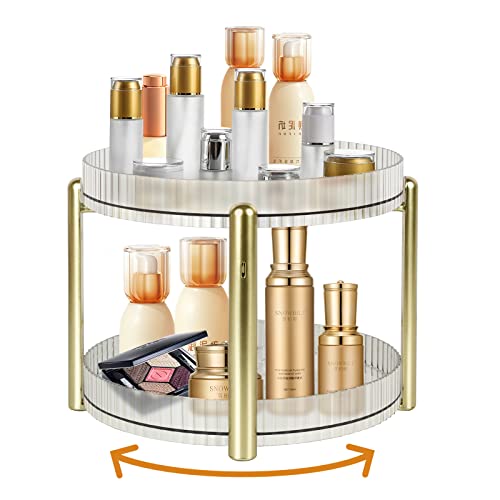 HSSPANFN 360° Rotating Makeup Organizer for Vanity 2 Tier, Large Capacity Cosmetics Storage Vanity Shelf Countertop?Bathroom Make Up Spinning Holder Rack for Brushes, Perfumes, Skincare