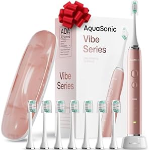 Aquasonic Vibe Serie Ultra Aufheller Zahnbürste - ADA Geprüfte elektrische - 8 Bürstenköpfe & Reiseetui - Ultra Sonic Motor & kabelloses aufladen - 4 Modi mit Smart Time – Satin Rose Gold