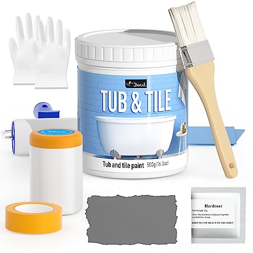 DWIL Tile Paint, Tub and Tile Refinishing Kit with Tools, Tub Refinishing Kit White Bathtub Paint Water Based &Low Odor, Easy to Use Sink Paint for Bathroom Kitchen, Semi-Gloss Dark Grey