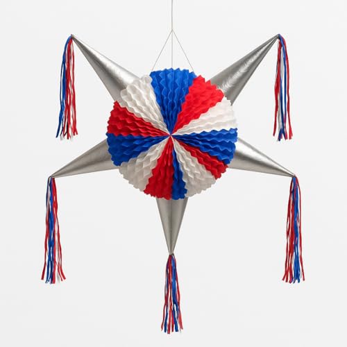 Traditional Mexican Star Pinata - 5 Spikes Design - Great for Birthdays, 4th of July, Independence Day, Superhero Parties - Large, Holds Candy and Toys