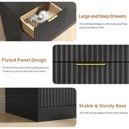 Image of Black Dresser with 7 Drawer - 55 inch Wide Fluted Dresser for Bedroom with Metal Handle, Chest of Drawer, Wood TV Stand for Bedroom, Living Room, Black