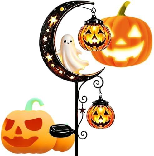 Solar Halloween Black Cat & Pumpkin Moon Garden Stake Light,Halloween Witch Cauldron Garden Light,Decorations with Pumpkins Lantern, Outdoor Lawn Stake Decor for Yard Pathway Patio (Ghost)