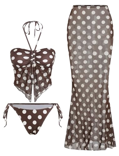 Image of ZAFUL Women 3 Piece Bikini with Cover Up Skirt Halter Bandeau Swimsuit Floral Tie Side Cheeky Bathing Suit
