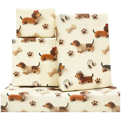 DXRJMB Dog Birthday Wrapping Paper Set 6 Sheets Folded Gift Wrap Cute Dachshund Puppy Design for Kids Boys Girls Dog Lovers Party Holiday Gift Wrapping Paper