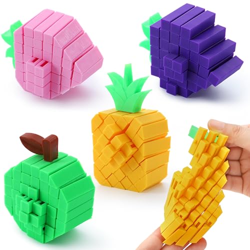 JOYIN 4 Pcs 3D Printed Fidget Fruit Toys, Make a Sound Flexible Desk Fidget Worm Toy for Stress Relief, Boys Girls Kids Adults Birthday Gift Party Favors