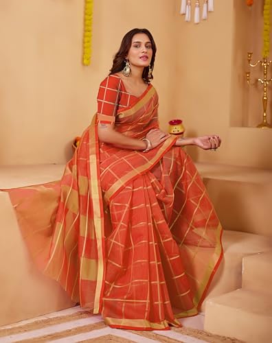 Image of StyleScope Women's Kota Doria Cotton Zari Checks Manipuri Saree With Unstitched Blouse Piece (Malanng)