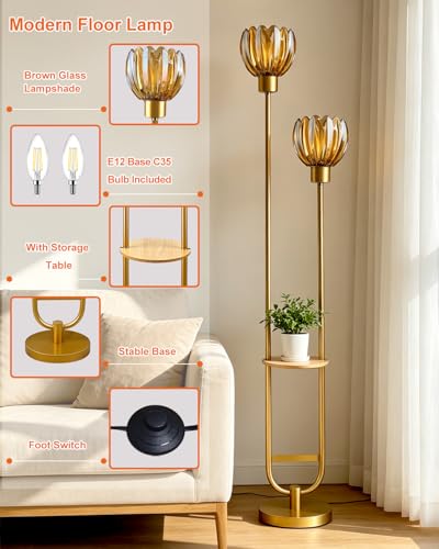 Image of Lightdot Glass Floor Lamp with Table 2-Lights Modern Gold Standing Tall Lamps with Amber Lotus Glass Shade,LED Floor Lamp with Foot Switch for Living Room Bedroom Home Office (Bulbs Included)