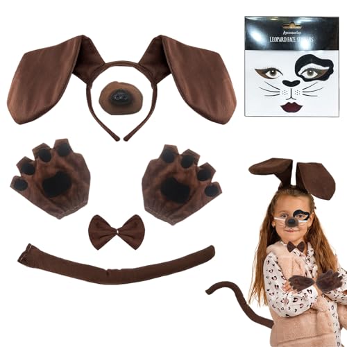TUONYIS 6 Pezzi Costume da Cane per Bambini Adulti,Set di Costumi da Bassotto Set di Costumi per Animali, per Halloween, Feste Cosplay, spettacoli Teatrali per Bambini(6 Pezzi)