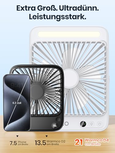 Warmco 20000mAh Akku Camping Ventilator 27cm mit Lampe, 15-48 Std. Laufzeit, Ultra-Leise, Ultraflach, Display, Haken, USB Tischventilator für Zelt, Outdoor, Reisen, Büro, Wohnmobil, Schlafzimmer 4