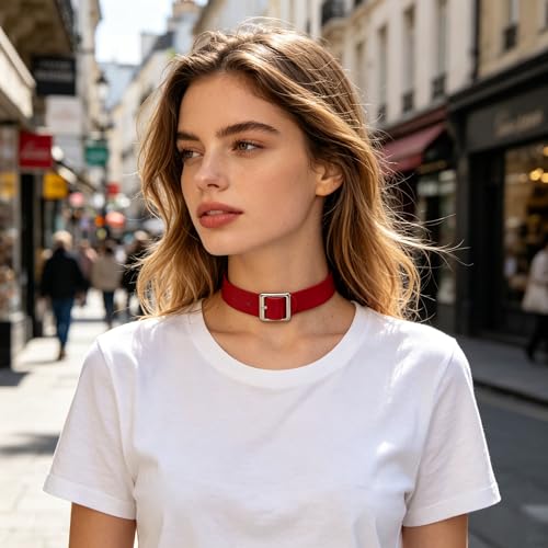 JJDreams Punk Classic PU Cuir Choker Boucle Réglable Collier Collier pour Femmes Hommes, Rouge – vue 7